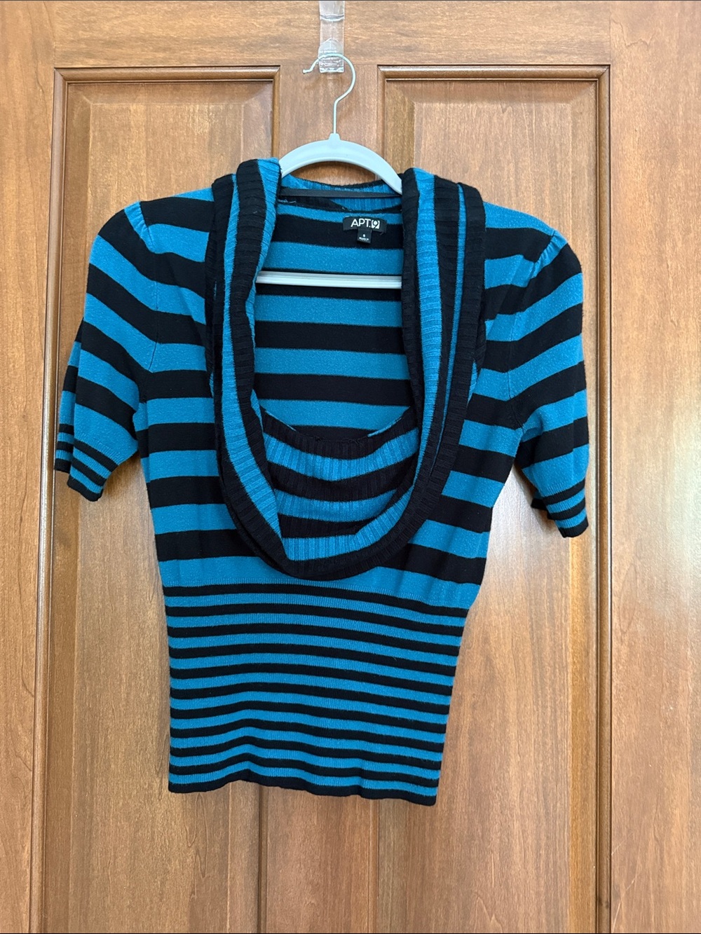 Apt. 9 Black and Blue Striped Short Sleeve Scoop Neck Sweater